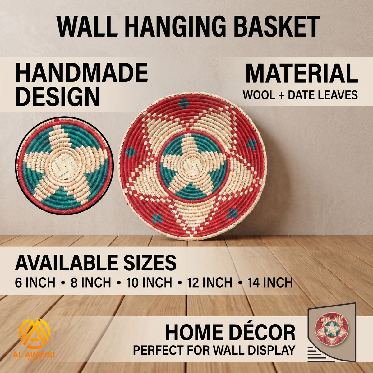 Handmade Dried Date Leaves Wall Hanging with Two-Layer Star Design in Blue, Red and Cream