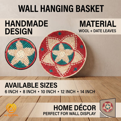 Handmade Dried Date Leaves Wall Hanging with Two-Layer Star Design in Blue, Red and Cream