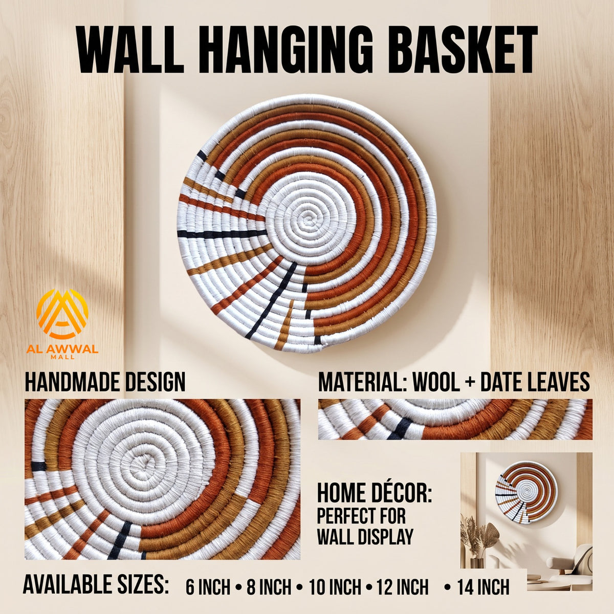 Handmade Dried Date Leaves Wall Hanging with Brown and White Half-Moon Layer Design