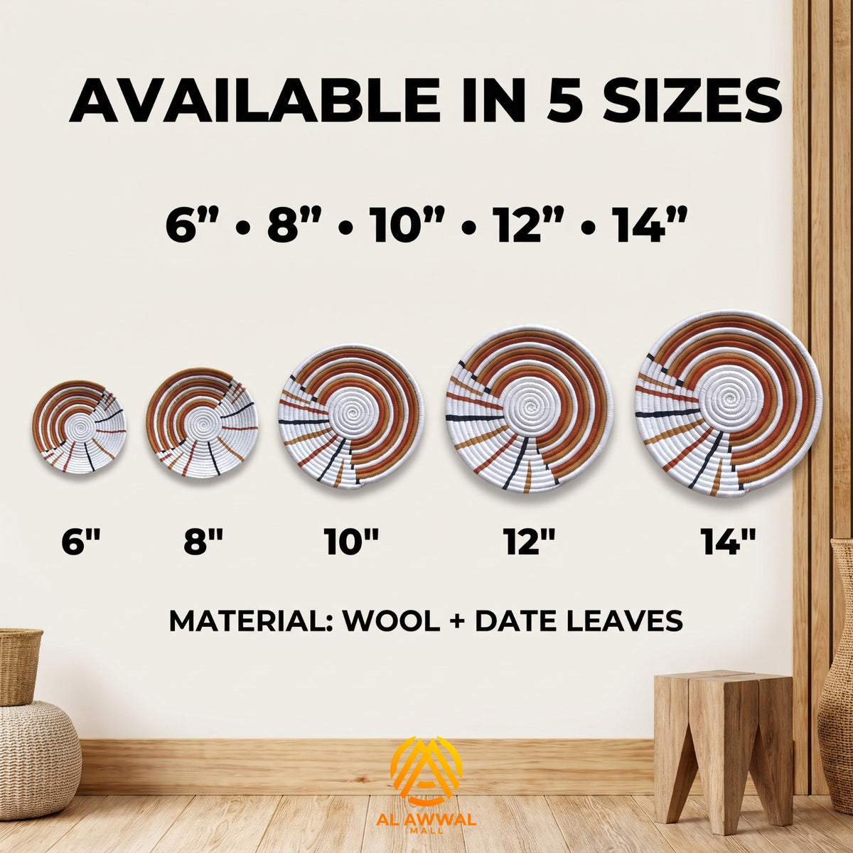 Handmade Dried Date Leaves Wall Hanging with Brown and White Half-Moon Layer Design