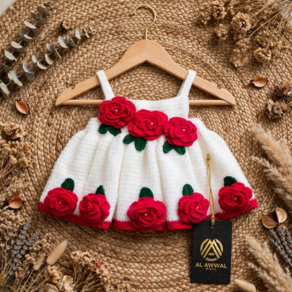 Handmade Crochet Baby Girl Frock – White Dress with Red Rose Details