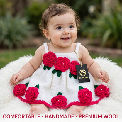 Handmade Crochet Baby Girl Frock – White Dress with Red Rose Details
