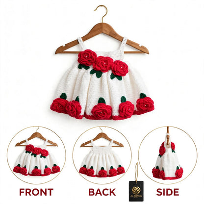 Handmade Crochet Baby Girl Frock – White Dress with Red Rose Details