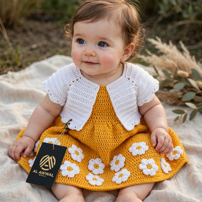 Handmade Crochet Baby Girl Frock – Yellow Dress with White Jacket & Floral Details
