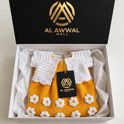 Handmade Crochet Baby Girl Frock – Yellow Dress with White Jacket & Floral Details