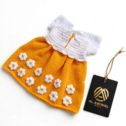 Handmade Crochet Baby Girl Frock – Yellow Dress with White Jacket & Floral Details