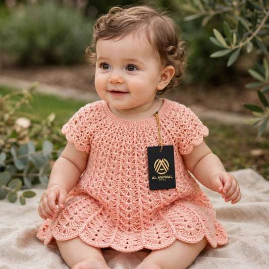 Handmade Crochet Baby Girl Frock – Simple Peach Dress with Ruffle Sleeves