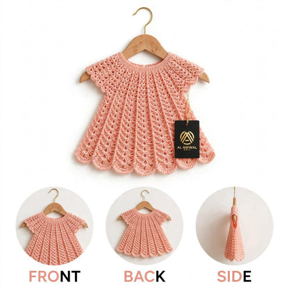 Handmade Crochet Baby Girl Frock – Simple Peach Dress with Ruffle Sleeves