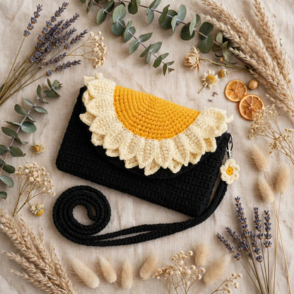 Handmade Crochet Black Bag – Yellow Floral Closure & Long Strap