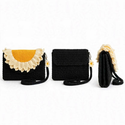 Handmade Crochet Black Bag – Yellow Floral Closure & Long Strap
