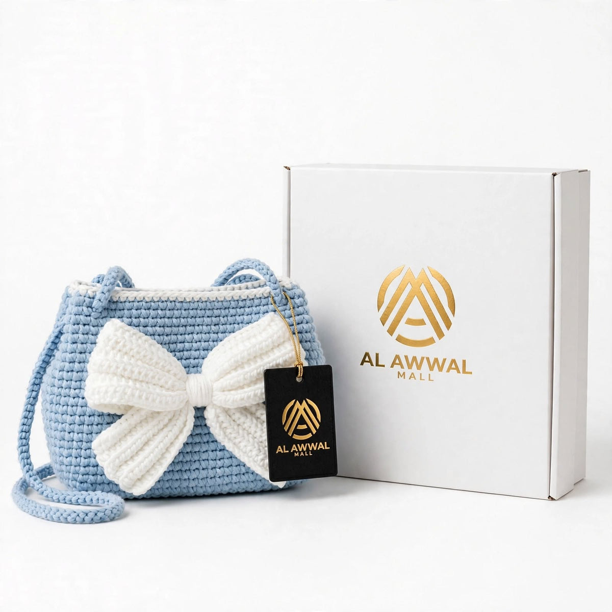 Handmade Crochet Handbag – Slate Blue with White Border & Butterfly Detail