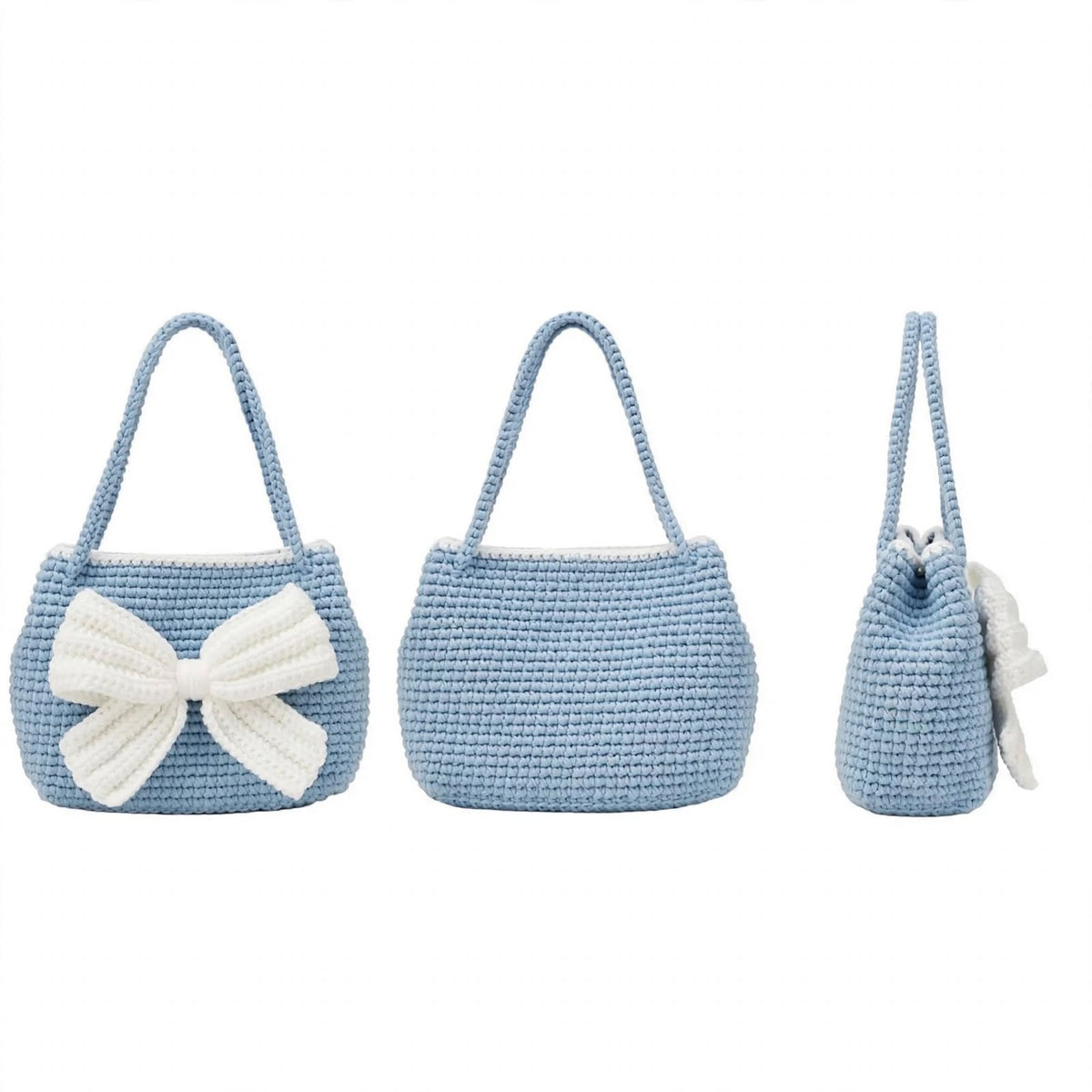 Handmade Crochet Handbag – Slate Blue with White Border & Butterfly Detail