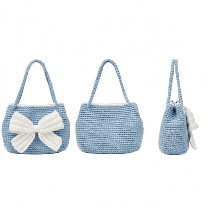 Handmade Crochet Handbag – Slate Blue with White Border & Butterfly Detail