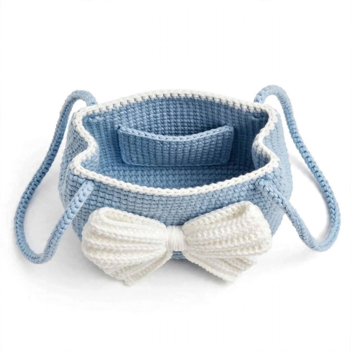 Handmade Crochet Handbag – Slate Blue with White Border & Butterfly Detail