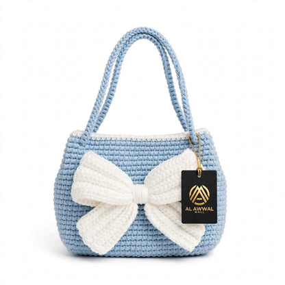 Handmade Crochet Handbag – Slate Blue with White Border & Butterfly Detail