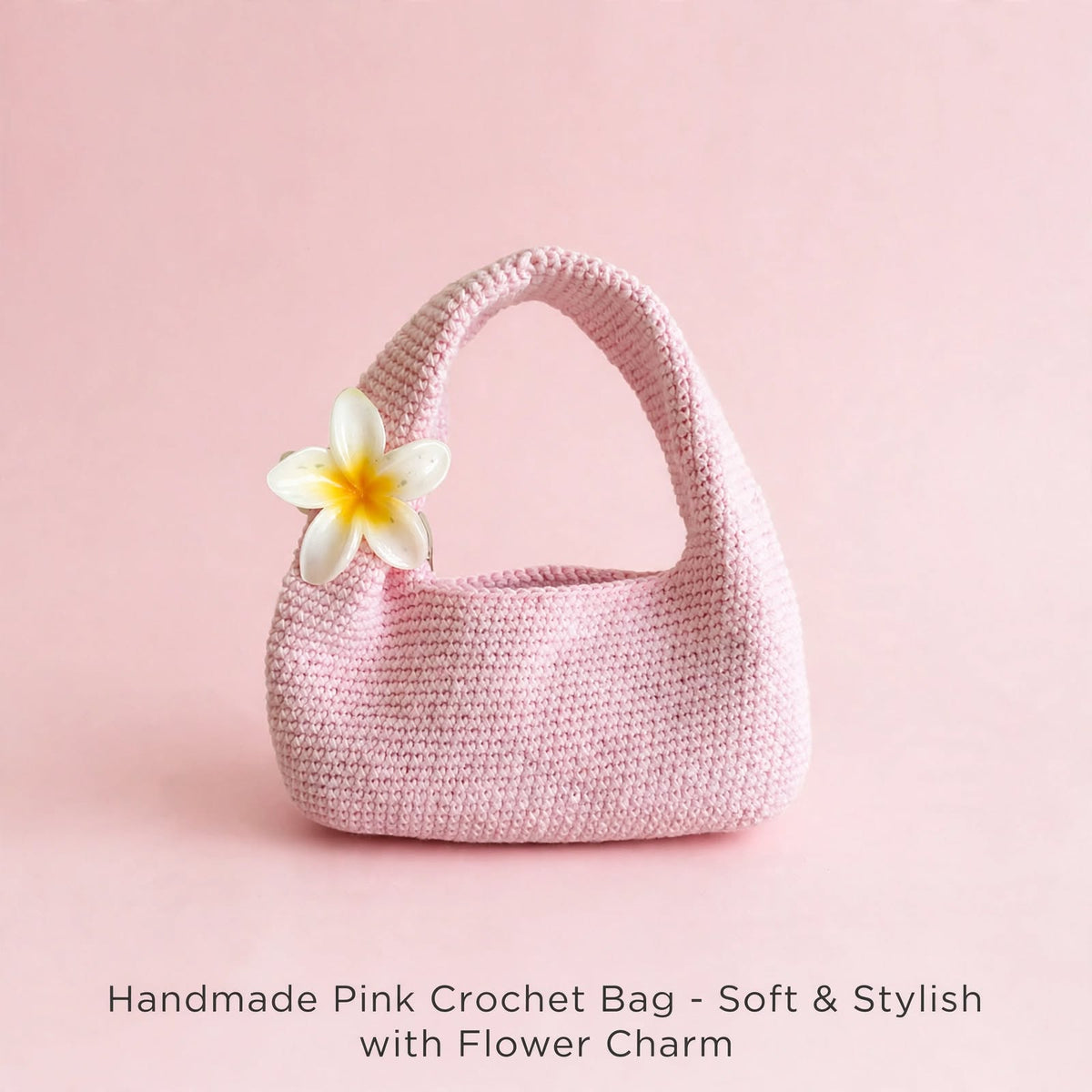Handmade Crochet Mini Handbag – Baby Pink with Petal Flower Detail