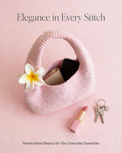 Handmade Crochet Mini Handbag – Baby Pink with Petal Flower Detail
