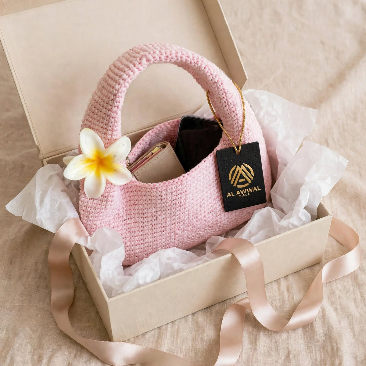 Handmade Crochet Mini Handbag – Baby Pink with Petal Flower Detail