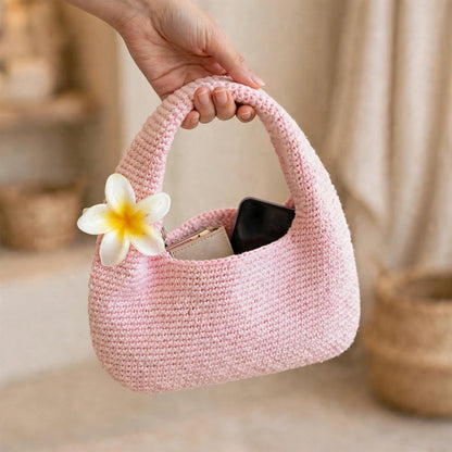 Handmade Crochet Mini Handbag – Baby Pink with Petal Flower Detail