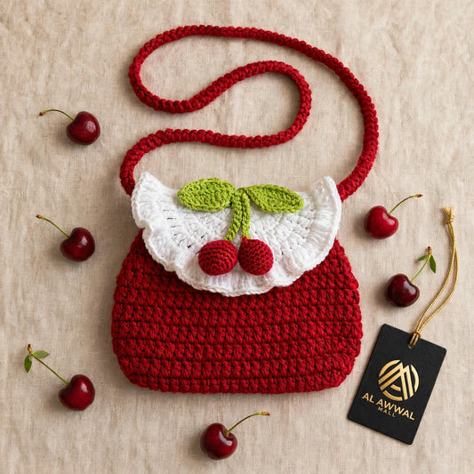 Handmade Crochet Mini Handbag – Red with White Bib-Style Cover & Green Leaf Detail