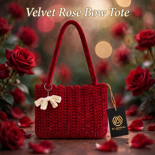 Handmade Crochet Tote Bag – Red Velvet Yarn with Cream Bow