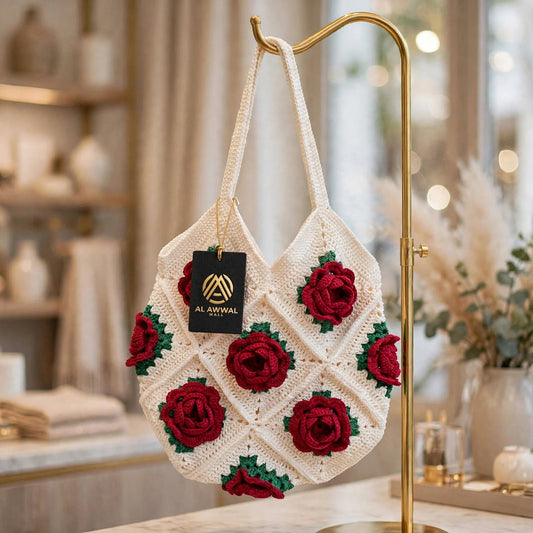 Handmade Crochet Tote Bag – Block Design with Red Roses & Green Details