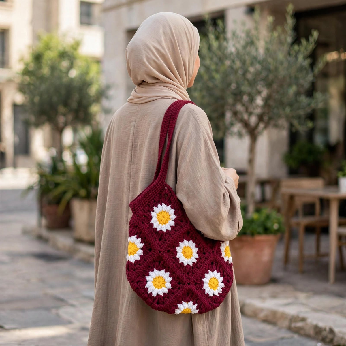 Handmade Crochet Daisy Bag – Maroon with White Petals & Yellow Centers