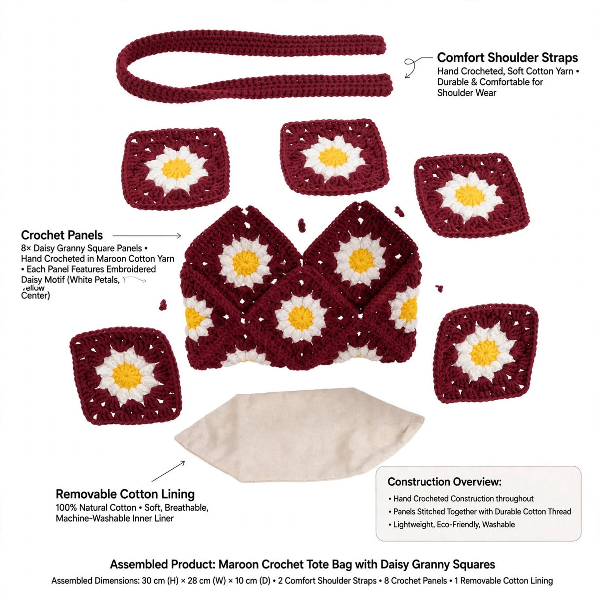 Handmade Crochet Daisy Bag – Maroon with White Petals & Yellow Centers