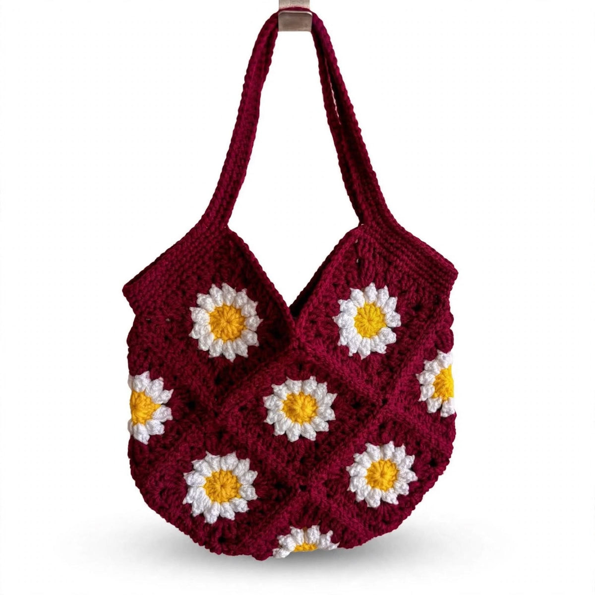Handmade Crochet Daisy Bag – Maroon with White Petals & Yellow Centers