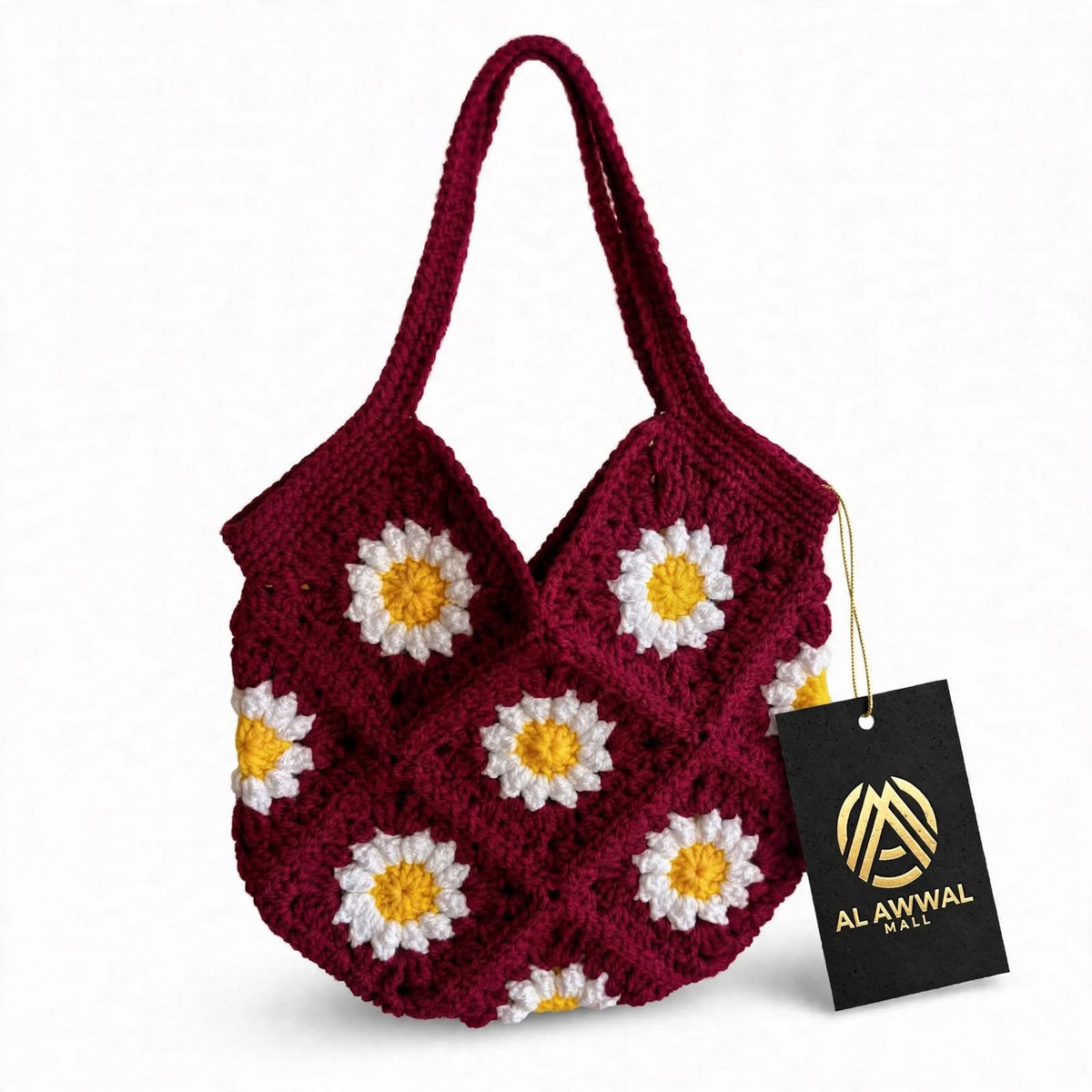 Handmade Crochet Daisy Bag – Maroon with White Petals & Yellow Centers