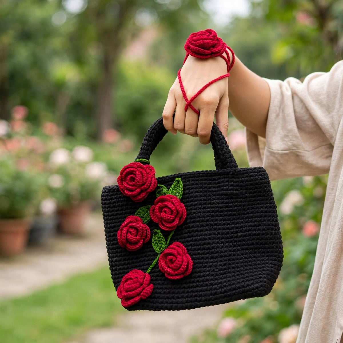 Handmade Crochet Square Bag – Pure Black with Maroon Roses & Green Leaves