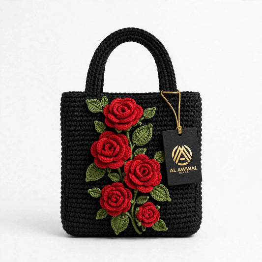 Handmade Crochet Square Bag – Pure Black with Maroon Roses & Green Leaves