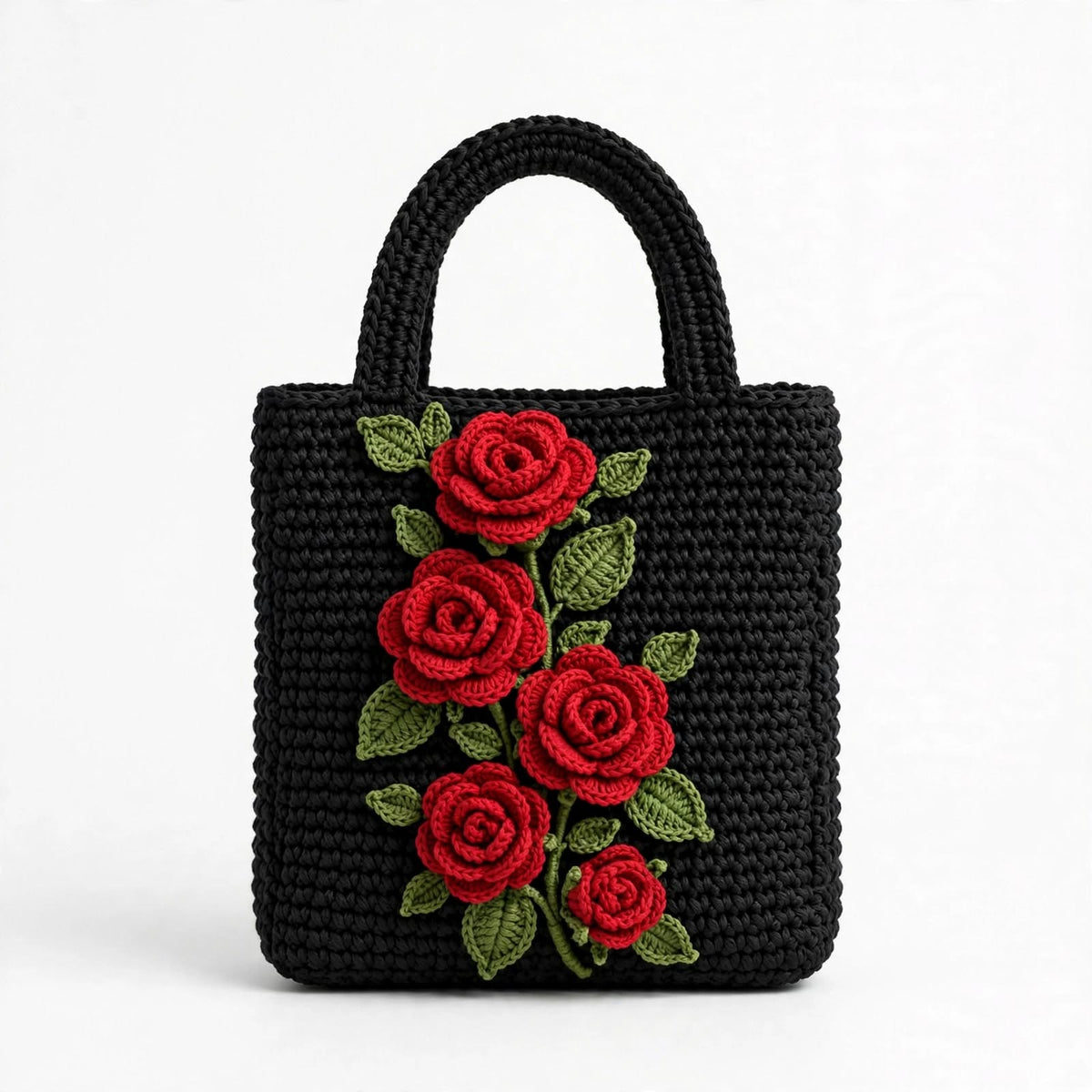 Handmade Crochet Square Bag – Pure Black with Maroon Roses & Green Leaves