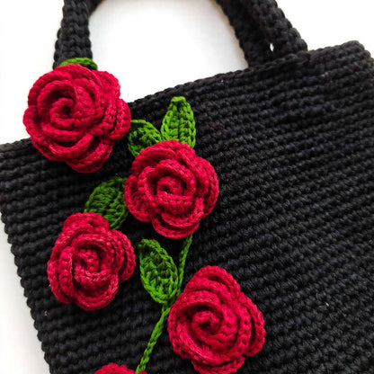 Handmade Crochet Square Bag – Pure Black with Maroon Roses & Green Leaves