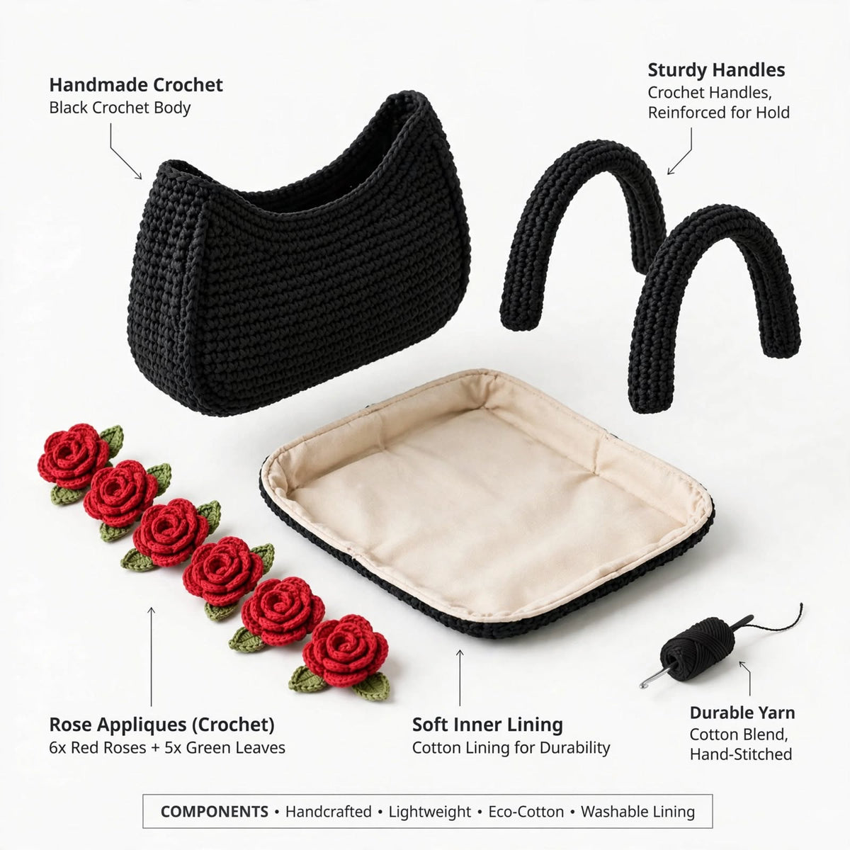 Handmade Crochet Square Bag – Pure Black with Maroon Roses & Green Leaves