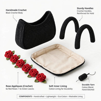 Handmade Crochet Square Bag – Pure Black with Maroon Roses & Green Leaves