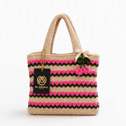 Handmade Crochet Office & College Bag – Skin Color with Baby Pink Flowers