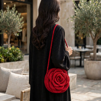 Handmade Crochet Maroon Rose-Shaped Bag – Zip Closure & Shoulder Strap