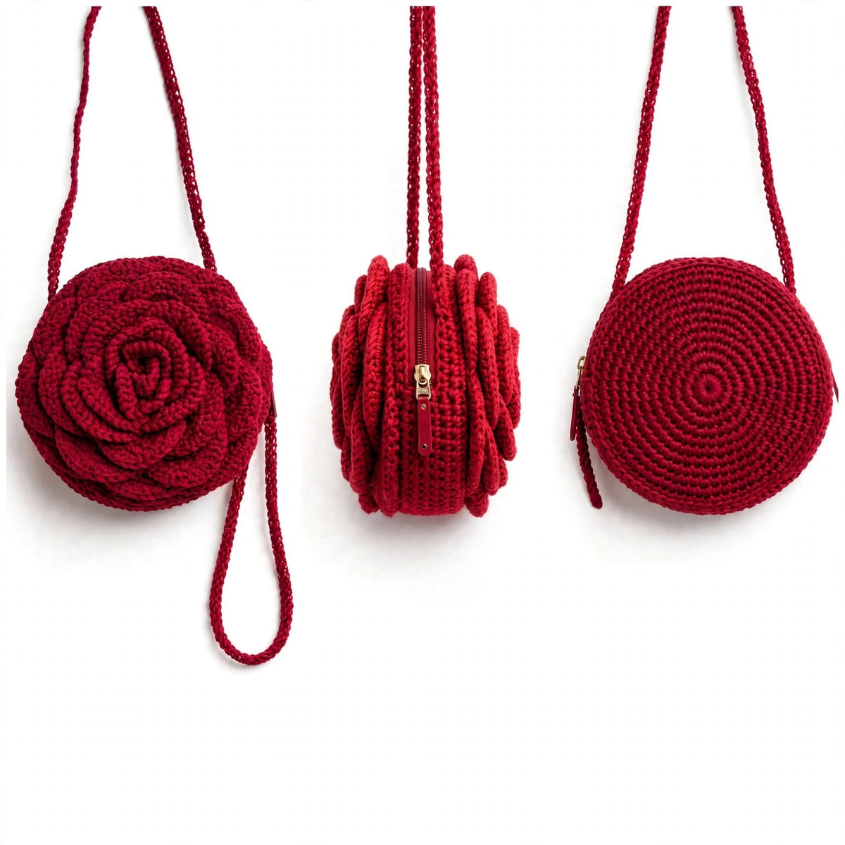 Handmade Crochet Maroon Rose-Shaped Bag – Zip Closure & Shoulder Strap
