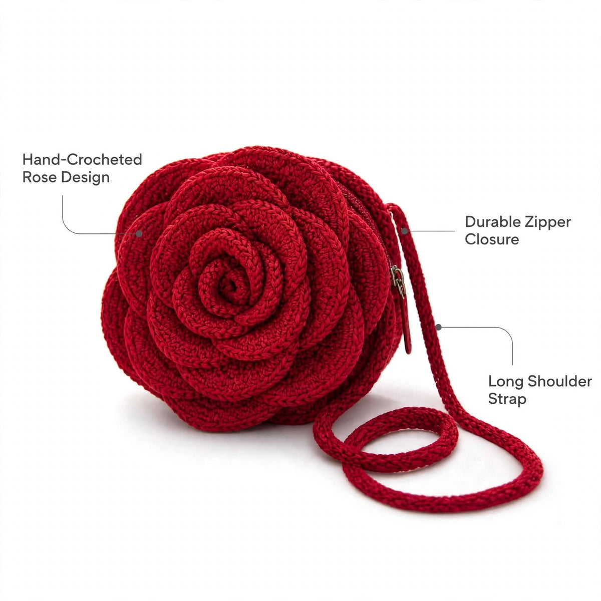 Handmade Crochet Maroon Rose-Shaped Bag – Zip Closure & Shoulder Strap