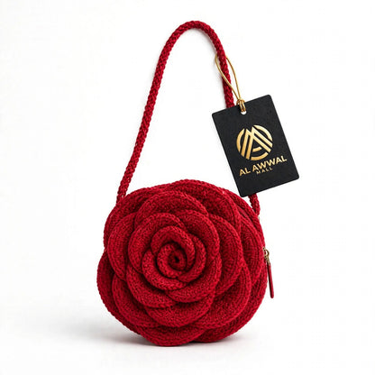 Handmade Crochet Maroon Rose-Shaped Bag – Zip Closure & Shoulder Strap