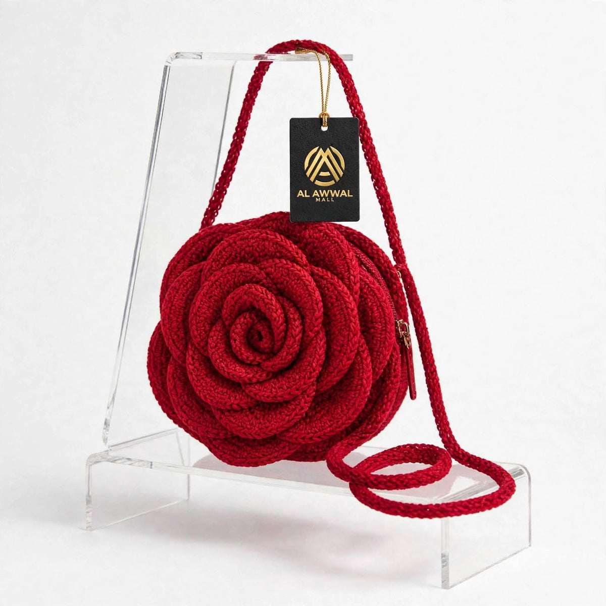 Handmade Crochet Maroon Rose-Shaped Bag – Zip Closure & Shoulder Strap