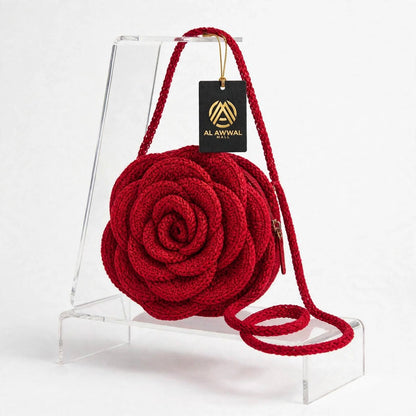 Handmade Crochet Maroon Rose-Shaped Bag – Zip Closure & Shoulder Strap