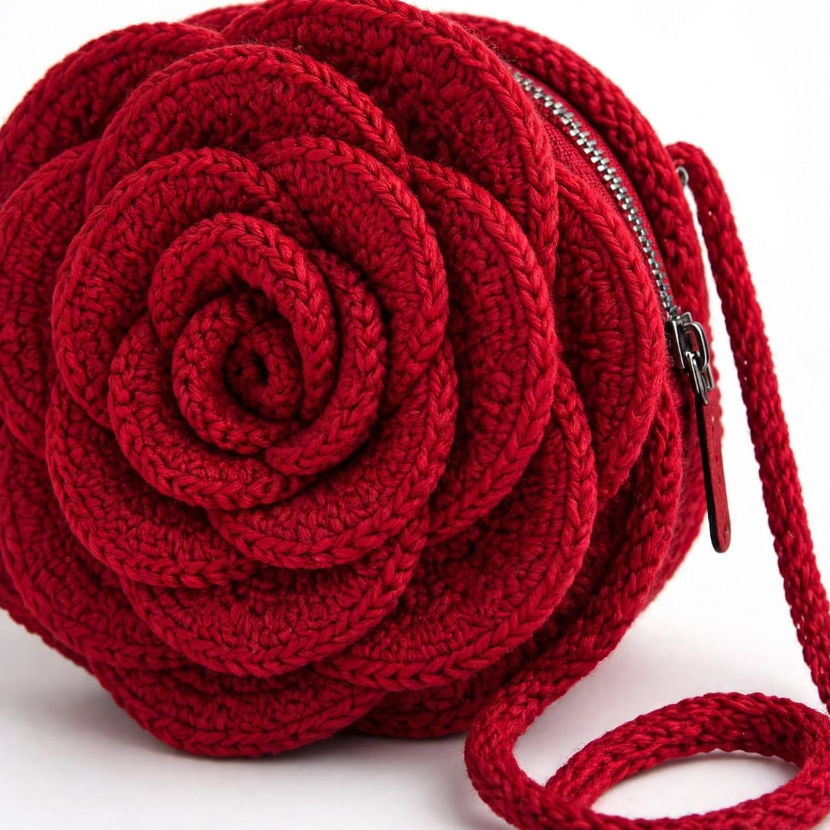 Handmade Crochet Maroon Rose-Shaped Bag – Zip Closure & Shoulder Strap