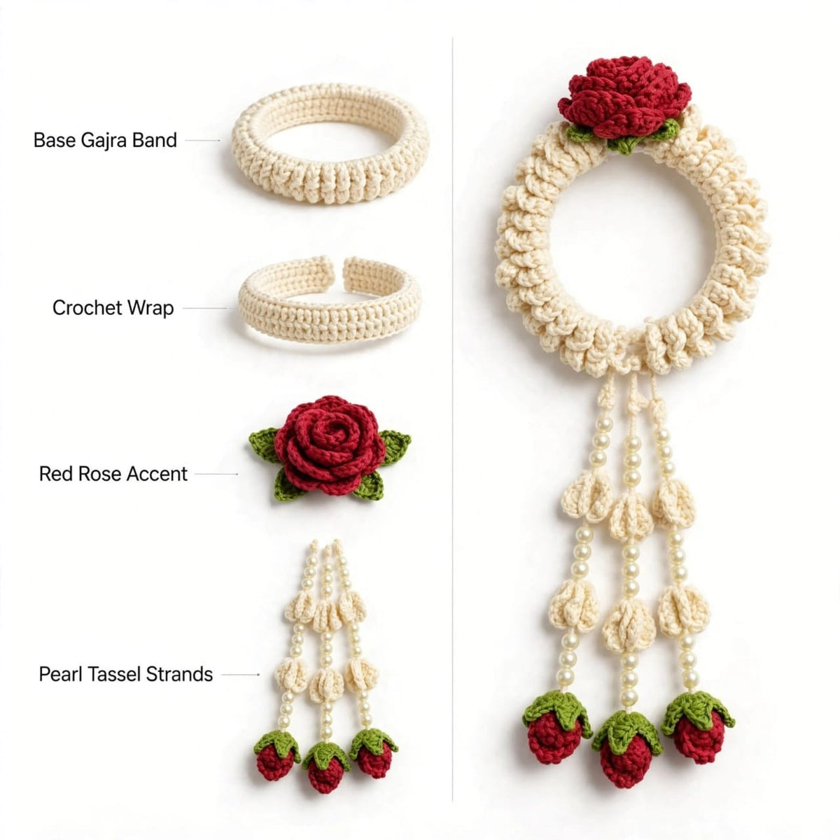 Handmade Crochet Bridal Gajra Set - Floral Hanging Design