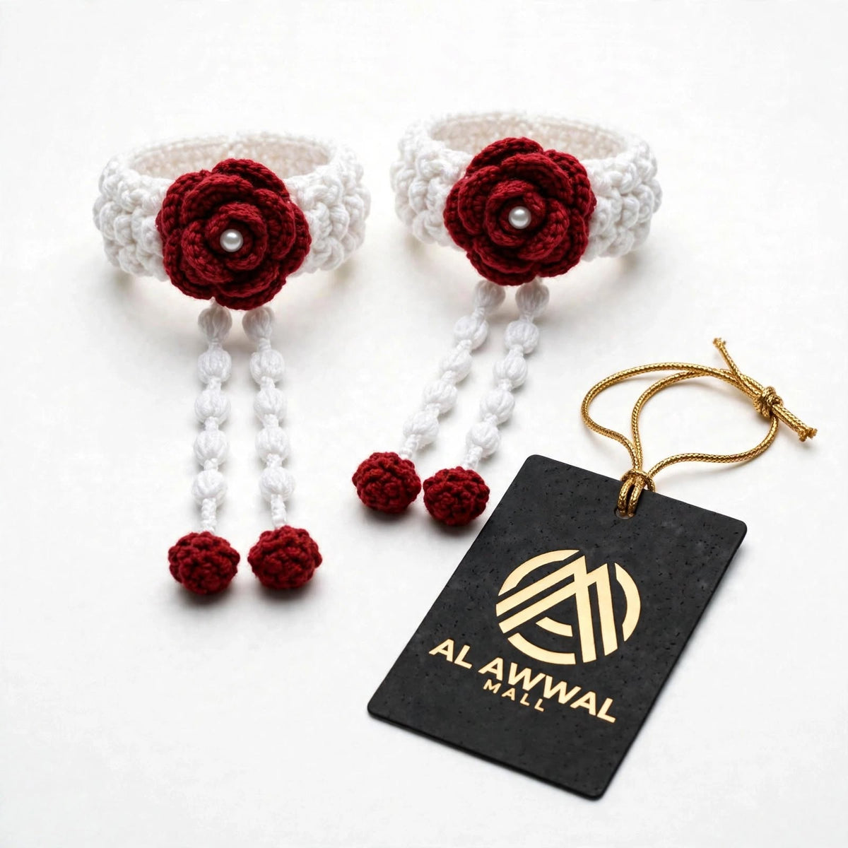 Handmade Crochet Gajra – Red & White Rose Wristlet