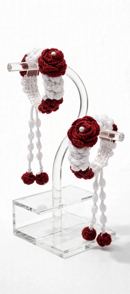 Handmade Crochet Gajra – Red & White Rose Wristlet
