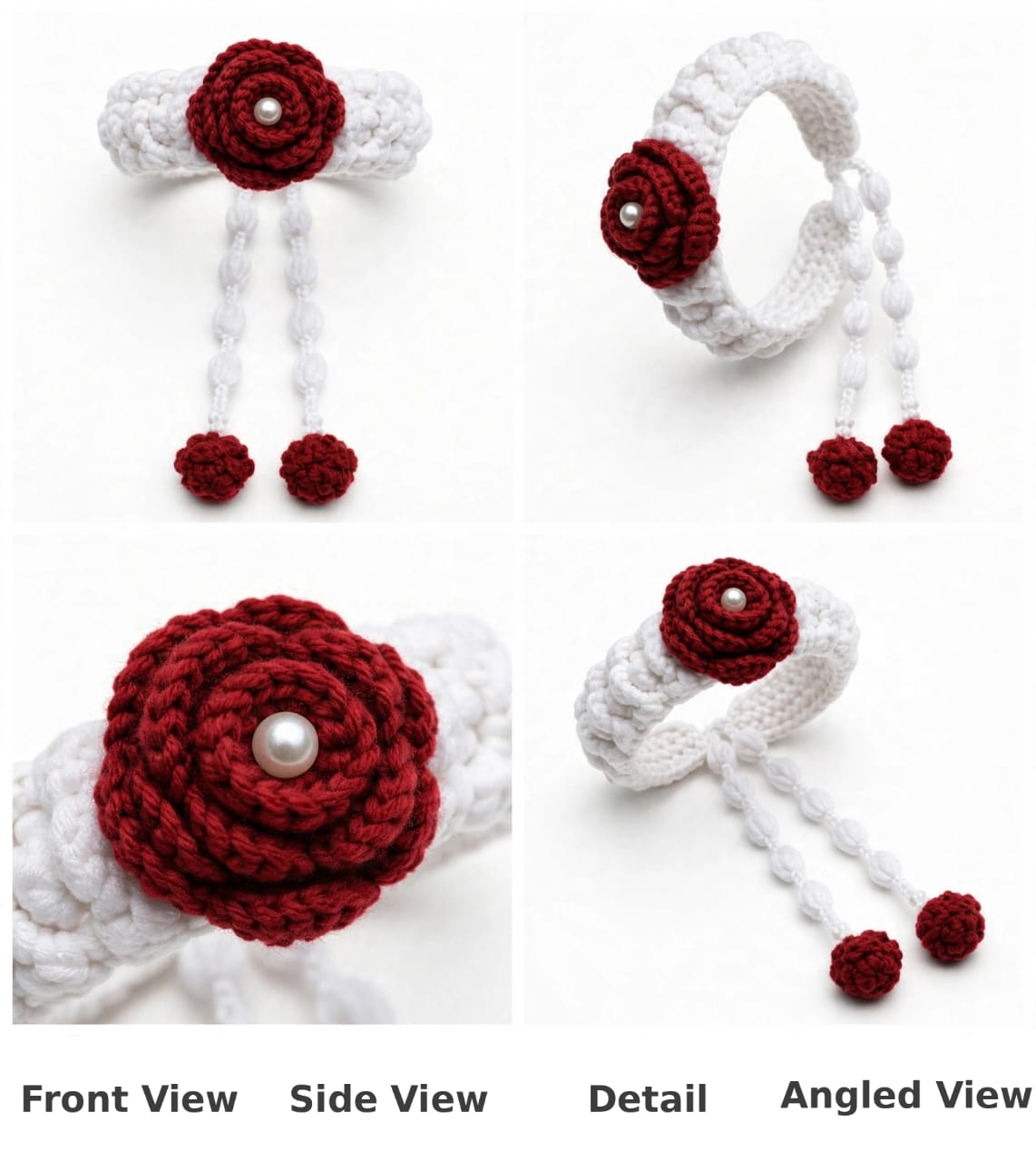 Handmade Crochet Gajra – Red & White Rose Wristlet