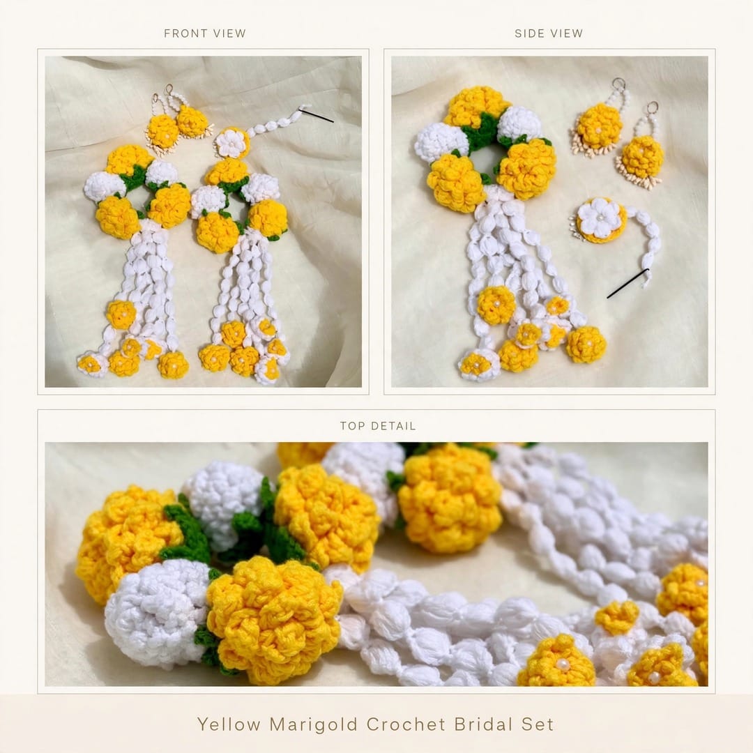 Homemade Crochet Haldi/Mayon jewellery set for bride