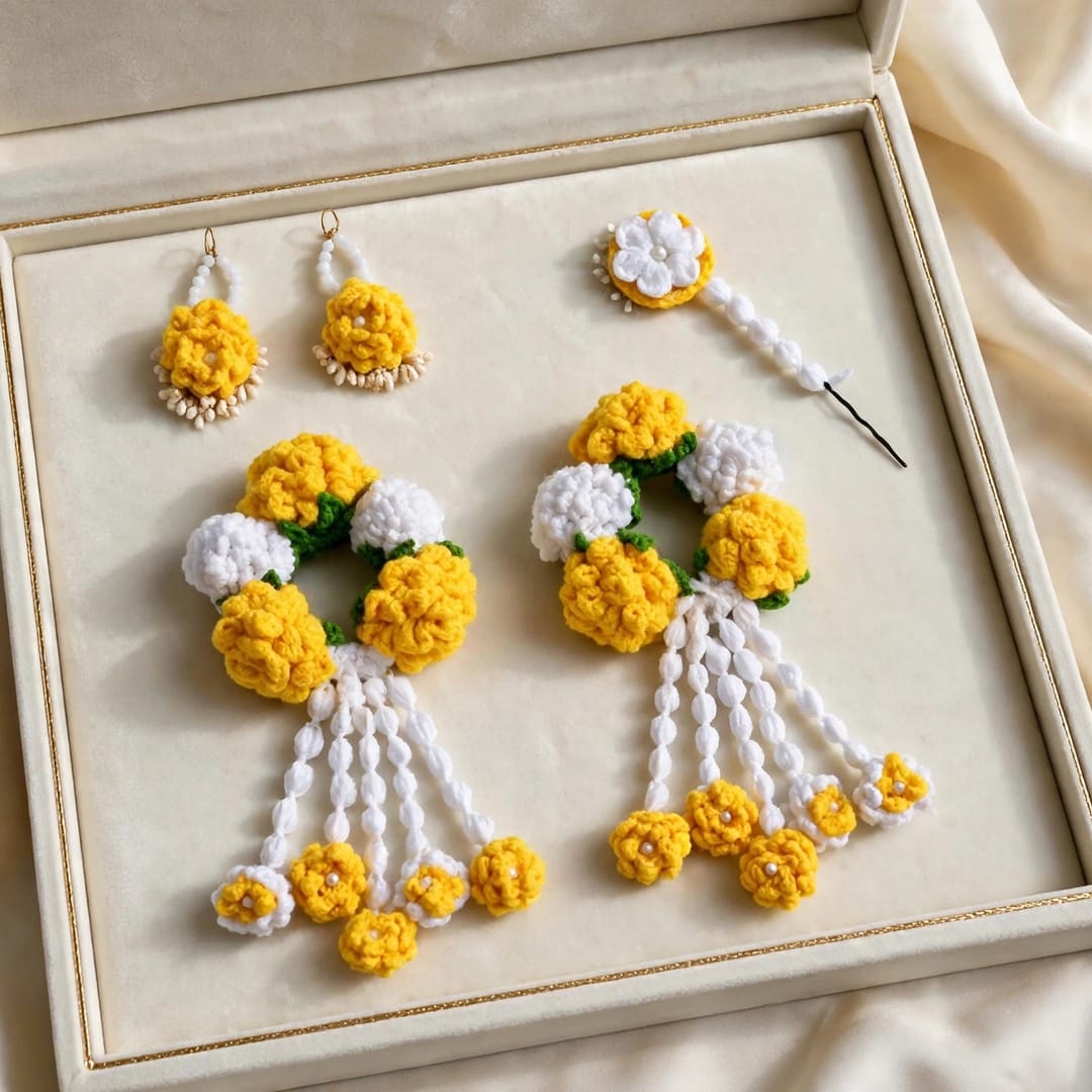 Homemade Crochet Haldi/Mayon jewellery set for bride